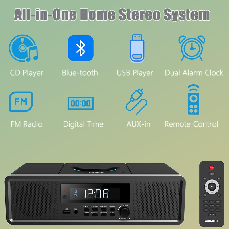 WISCENT Home Stereo System CD Player,Clear 20W RMS Sound System