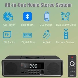 WISCENT Home Stereo System CD Player,Clear 20W RMS Sound System with FM Radio,Bluetooth,USB,MP3,AUX,Digital Dual Alarm Clock,CD-R/CD-RW/MP3/WMA Playback