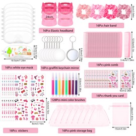 Daifunli 256 Pcs Eye Mask Sleepover Party Supplies Include White Eye Sleep Shade Blindfold Fabric Marker Pens Hair Band Scrunchies Comb Keychains Graffiti Mirrors Stickers Cards Organza Bags for Women