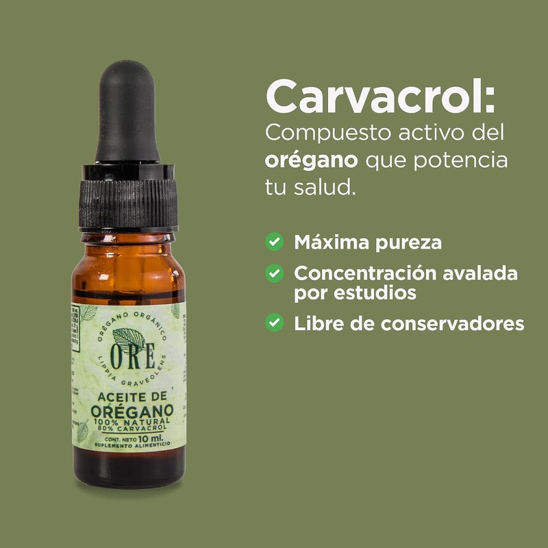 ORE Aceite de Orégano Silvestre, 10ml, 80% Carvacrol, Suplemento Aceite