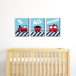 Big Dot of Happiness Railroad Crossing - Steam Train Baby Boy Nursery Wall Art and Kids Room Decorations - 7.5 x 10 inches - Set of 3 Prints