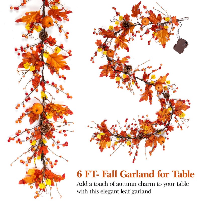 6 FT Fall Garland with 20 Lights & Timer, Pre-lit