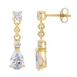 Silvershake White Cubic Zirconia 14K Yellow Gold Plated 925 Sterling Silver Trendy Drop Dangle Stud Post Earrings April Gemstone Birthstone Jewelry for Women, Sterling Silver 14K Gold Plated, White