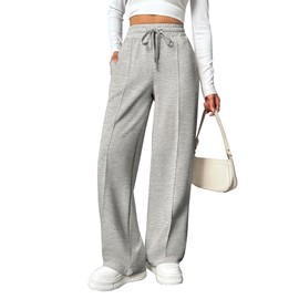 PINSPARK Wide Leg Track Pants Women High-Waisted Drawstring Casual Long Pants Loose Fitting Sweatpants with Pocket Light Gray L