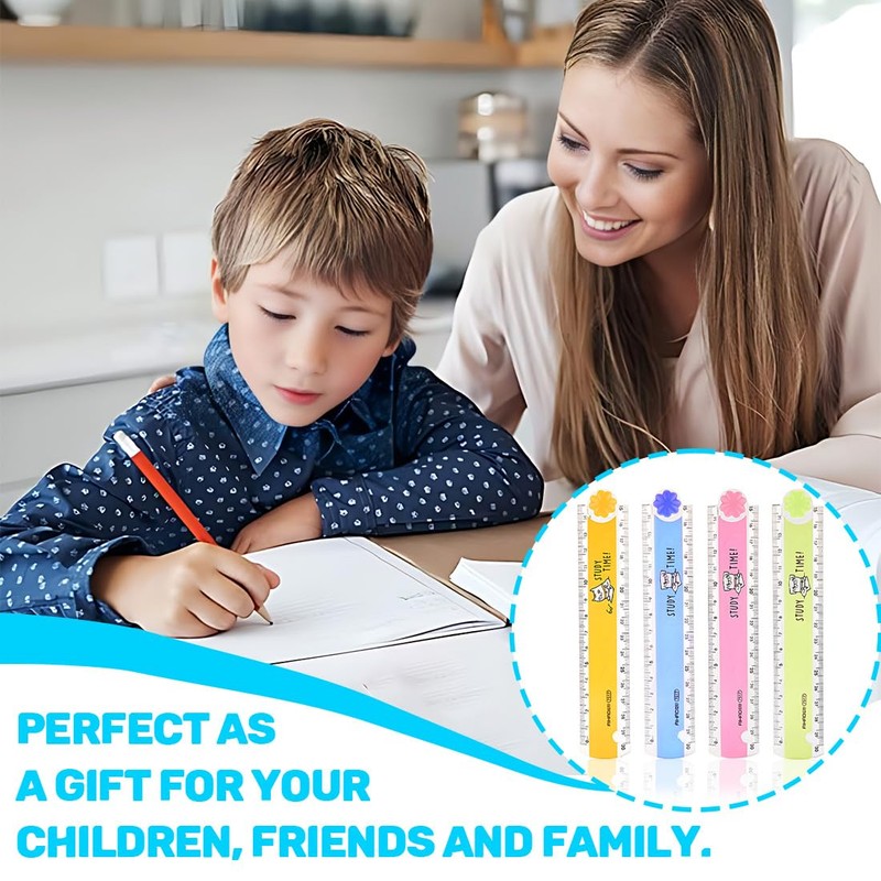 Pack of 4 Rulers 30 cm Primary School, Multifunctional Folding