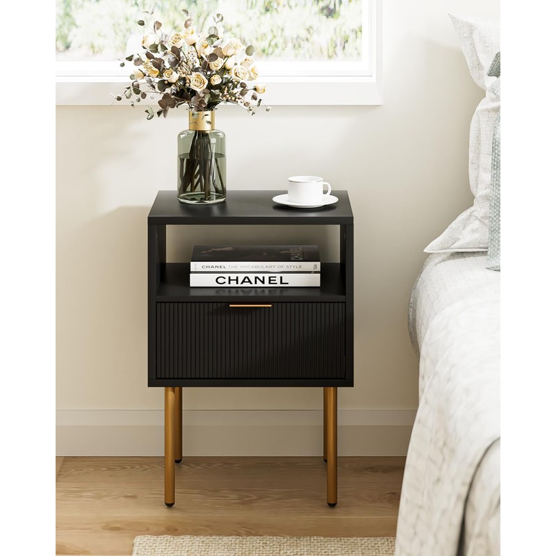 AEPOALUA Nightstand,Morden Bedside Table with Gold Frame,Small Black Night Stand,End