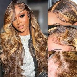 Body Wave Highlight Lace Front Wigs Human Hair 28 Inch Honey Blonde 13X4 HD Ombre Lace Front Wig Human Hair Wear and Go Glueless Wigs Human Hair Pre Plucked Ombre Hd Lace Frontal Wigs For Women