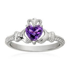 Heart Birthstone Claddagh Ring 925 Sterling Silver 6MM Heart Shaped Amethyst Rings Irish Jewelry Good Luck for Women Size 7