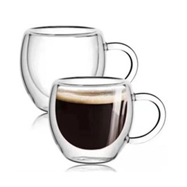 2 Pcs Double Walled Glass Espresso Coffee Handled Cups, 80ml, Vacuum Insulated, Handcrafted Artisan, Strong & Heat Resistant