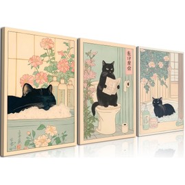 Funny Bathroom Wall Art Set of 3, Japanese Cute Black Cat Wall Decor Paintings, Rustic Animal Pictures Canvas Prints Home Decor for Bathroom Toilet, 12x16 inch Framed
