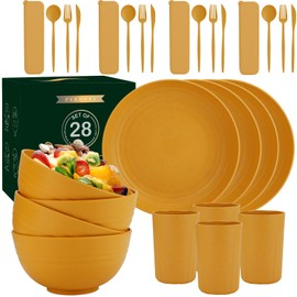 28-Piece Wheat Straw Dinnerware Sets, Microwave & Dishwasher Safe Unbreakable Dinnerware Set, Reusable Dishware Sets, Lightweight Camping Dishes, Plates, Cups, Cereal Bowls for 4(Yellow Orange)