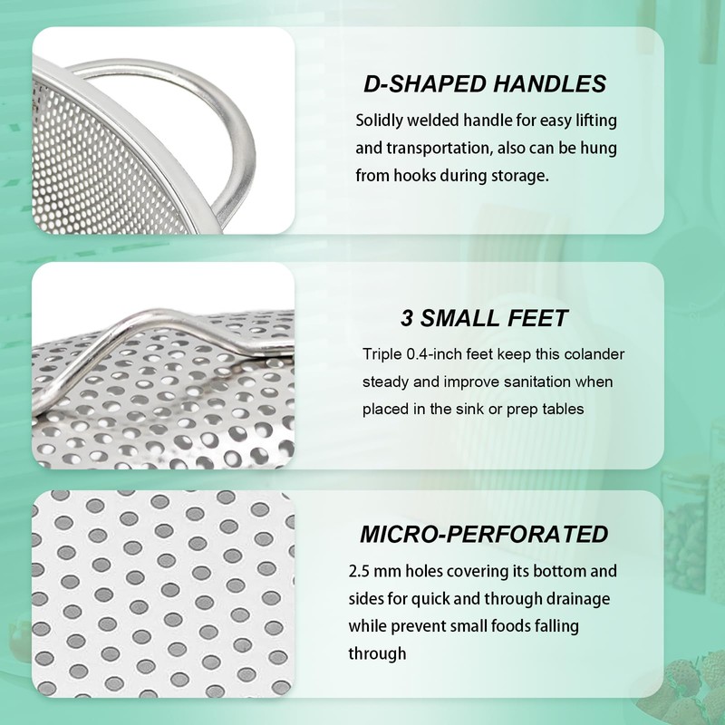 3-Piece Stainless Steel Colander Set with Handles - 5Qt/3Qt/1Qt Nesting