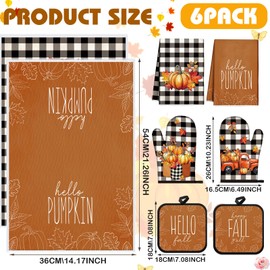 Mindsoft 6 Pcs Fall Kitchen Towels Pot Holders and Oven Mitts Set Including 2 Pumpkin Dish Towels Hand Towels 2 Hello Fall Square Potholders 2 Truck Heat Resistant Gloves for Cooking Baking Gift Home
