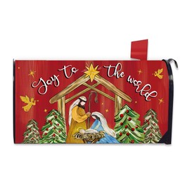 FBCOO Christmas Nativity Christian Mailbox Cover Magnetic Standard Size 20.5" x 18", Religious Xmas Jesus Joy to The World Decorative Post Letter Box Decor, Red Holiday Garden Yard Outdoor Decoration