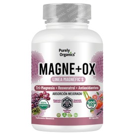 Magne+Ox. Suplemento con Magnesio y Antioxidantes como Resveratrol, Polifenoles, Betacaroteno, Licopeno y Vitamina C para una Suplementación Completa y Equilibrada. 90 Cápsulas, Purely Organics.