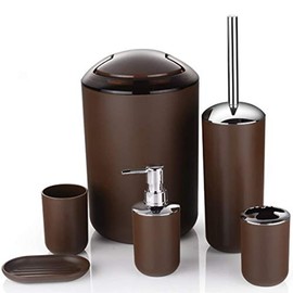 Bathroom Accessories Set 6 Piece -(Trashcan, Soap Dispenser, Toothbrush Holder, Soap Dish,Toilet Brush) for Decorative Countertop and Housewarming Gift (Brown)