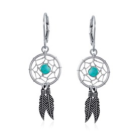 Blue Turquoise Western Jewelry Native American Indian Dream Catcher Feather Dangle Earrings For Women Teen .925 Sterling Silver