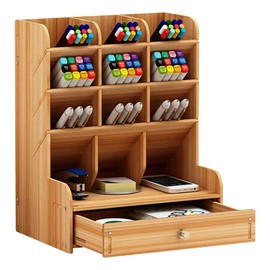 Wooden Desk Organizer with Drawers, Multi-Functional DIY Pen Holder Box, Art Supply Storage Organizer, Pen Holder Suitable for Home, Office and School (Wood, 18 * 14 * 23.5 CM)