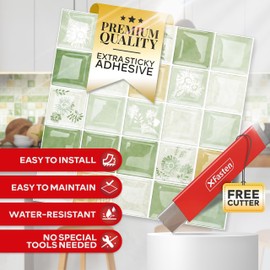 XFasten Square Peel and Stick Backsplash for Kitchen 10pcs 12” x 12” + Cutter Ornamental Tile Peel and Stick Tiles Stick on Self Adhesive Backsplash Tile for Kitchen and Bathroom