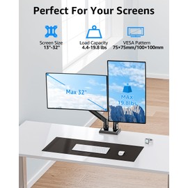 MOUNTUP Dual Monitor Stand fits up to 32 inch, 4.4-19.8 lbs Computer Screens, Dual Monitor Desk Mount Height Adjustable, Monitor Arms for 2 Monitors, Home Office VESA Mounts with Gas Spring, Freelift Black