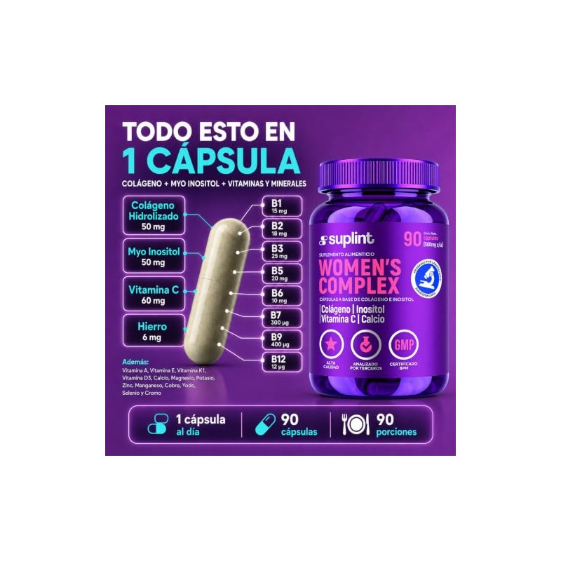 Vitaminas para Mujer con Colágeno Hidrolizado, Inositol, Biotina, Ácido Fólico