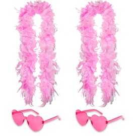 2 Pcs Colored Feathers Boas with Heart Rimless Sunglasses 6.6ft Feather Boa for Women Bachelor Party Favor Costume Accessory