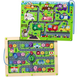 Magnetic Maze 2 in 1 Double Side Color and Number Maze Alphabet Puzzle Board for 3-5 Boys and Girls Kids Montessori Educational Toys (Car, One Size)