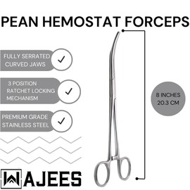 WAJEES Hemostat Forceps 8" Pean Curved Forceps, Fishing Forceps Locking Long Forceps Stainless Steel Clamps, Surgical Clamps Pean Hemostats for Nurses, Fishing Curved Hemostats