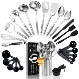 Stainless Steel Cooking Utensils Set, 25pcs Kitchen Utensils Set with Holder, Heat Resistant Kitchen Utensils Sets for Cooking with Turners, Potato Masher, Skimmer, Spoons, Tongs, Whisk