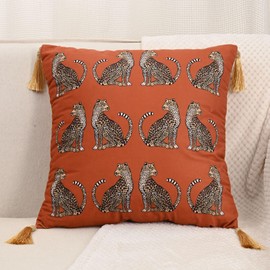 Huierxun Decorative Fall Orange Velvet Soft Throw Pillow Covers with Tassels 18x18 Inch Leopard Print Pillow Covers Modern Farmhouse Fall Home Decor for Sofa Living Room Couch Bed (Orange,18"x18")
