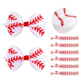 9 Pack Baseball Hair Bow Clip Red and White Stripe Set Inchlude 2PCS Elastic Baseball Hair Clips, 6PCS Baseball Hair Ties and 1PC Baseball for Women Girls Cheer Dress Up Hair Accessories