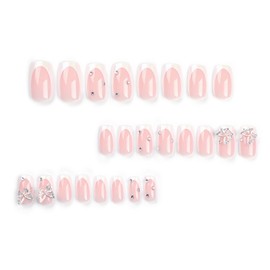 MERVF Square Press on Nails Medium White French Tip Fake Nails with Charms Squoval Glue on Nails Press ons Chrome Acrylic Nails 24pcs Glossy Butterfly False Nails