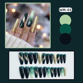 Rilafuvu Press on Nails Long Fake Nails Coffin with snowflake Designs Glue on Nails White Christmas Nails Gold Bling Glitter Nails Press ons Glossy Acrylic Nails Green Artificial Nails 24Pcs