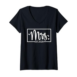 Womens Mrs. Est. 2025 Just Married Wedding Wife Mr & Mrs Gifts V-Neck T-Shirt