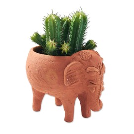 NOVICA Artisan Handmade Terracotta Planter Clay Elephant from India Brown Ceramic Outdoor Living Flower Pots Animal Themed [5in H x 4in W x 4in D] ' Elephant Garden'