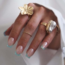 French Tip False Nails - Baby Blue Chrome Press On Nails Nude - Short Square Fake Nails With Glue - Glossy Coffin False Nails - Acrylic Full Cover Stick On Nails For Women Daily Wear Nail Art Gift