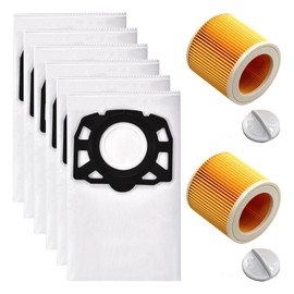 Dust Bag Filter Accessories Kit for Karcher WD3 WD2 WD2 Plus 4.5 Gallon Wet & Dry Shop Vacuum Cleaner Replacement Parts (6 Filter Fleece Bags + 2 Cartridge Filters)