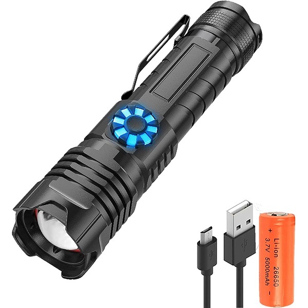 LED Flashlight USB Charging, XHP99 8000 Lumens Ultra Bright Tactical Flashlight, 4 Modes Stepless Dimming Zoomable Waterproof Powerful Handheld Torch Light for Camping Hiking Emergency