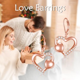 SHEAISRS Rose Gold Heart Dangle Drop Earrings for Women Sterling Silver Heart Lever Back Dangle Earrings Jewelry for Women Wife Her Mom