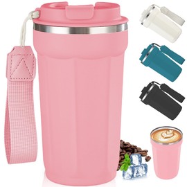 MOYAC Termo Taza para Cafe de 510ml/18oz, Termos Cafe de Viaje con Cordón de Acero Inoxidable, Termo al Vacío para Conservación del Calor y el Frío, Adecuada para Preparar Leche, Café, Té (Rosa)