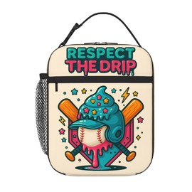 WOEMOZAP Respect The Drip Baseball Lunch Box for Boys, Cool Ice Cream Drip Insulated Lunch Bag with Bottle Pocket, Kids Teen Youth Lunch Tote for School, Work, Sports & Travel