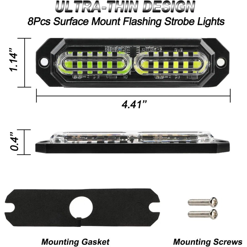 8pcs 12V Sync Ultra Slim 12-LED Surface Mount Flashing Strobe