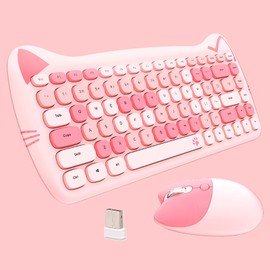 Cute Cat 2.4G USB Wireless Keyboard and Mouse Combo, Silent Keys, Candy Colors, Compatible with Notebook, PC (Pink-84Keys)