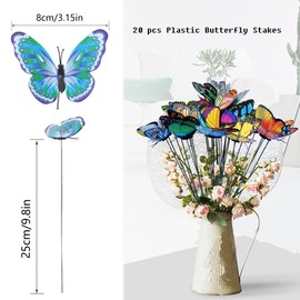 3D Butterfly Garden Decorations, 20 Pcs Removable Butterfly Garden Stakes Garden Ornaments Patio Decoration for Flower Bouquet Arrangements Gardening/Floral/Party Indoor Outdoor Yard Garden