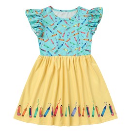 Back to School Outfits for Girls Toddler Kindergarten First Day of School Dress Baby Holiday Birthday Outfits Kids Summer Causal Dress Princess Apple Crayon Printed Dresses Yellow Pencil 4-5T