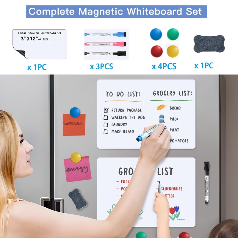 Magnetic Fridge Whiteboard Set: Dry Erase White Board, Magnets (Bonus),
