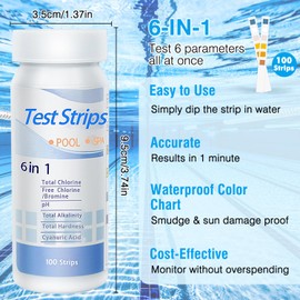 Pack of 100 Pool Test Strips, 6 in 1 Pool Tester, Whirlpool Test Strips for Aquarium/Pool/Spa, Water Test Strips for Total Hardness, Bromine, Chlorine, PH, Total Alkalinity and Cyanuric Acid