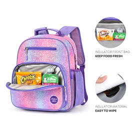 mibasies Girls Backpack for Elementary School, Backpack for Girls 5-8, Glitter Kids Backpacks for Girls（Purple）