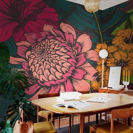 Flortlias Peel and Stick Floral Wall Mural, Leather Textured Vinyl Self-Adhesive Wallpaper for Bedroom Living Room Accent Wall Decor, Vintage Flat Floral，Bright