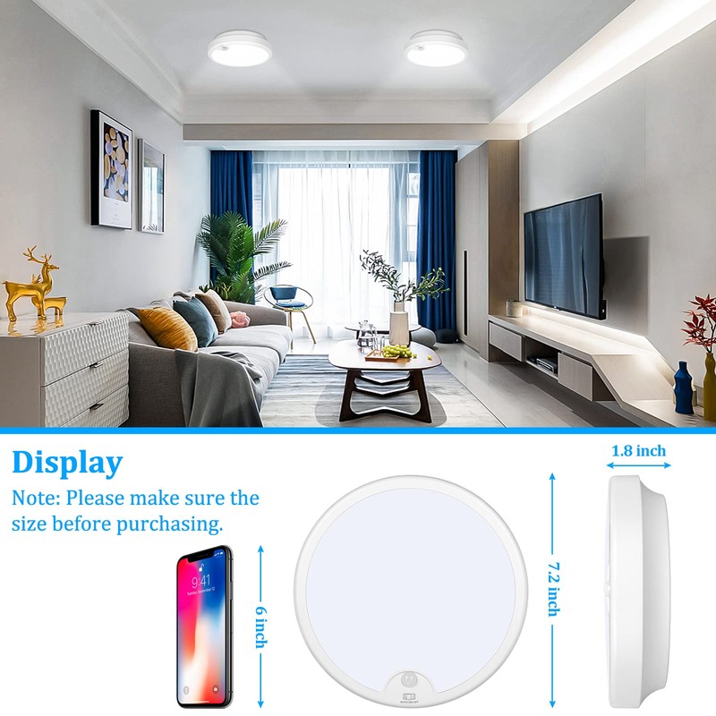 2-Pack Battery Operated Motion Sensor LED Ceiling Light, 7.2inch Flush